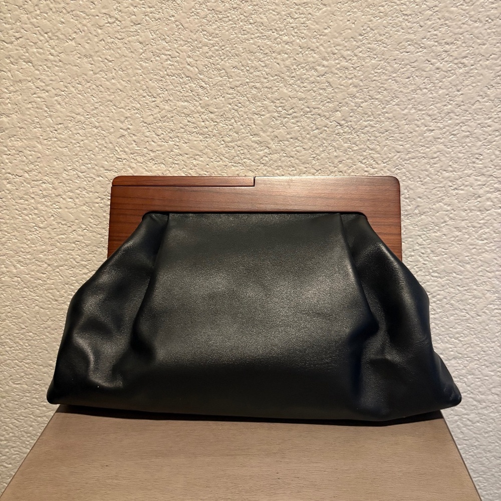 Banana Republic black leather clutch with a wood handle